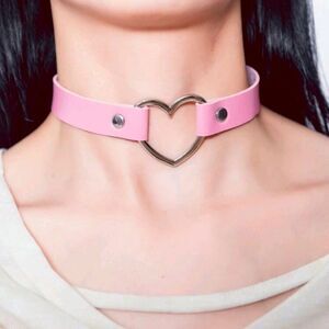 PINK Leather Heart Shaped Choker Necklace